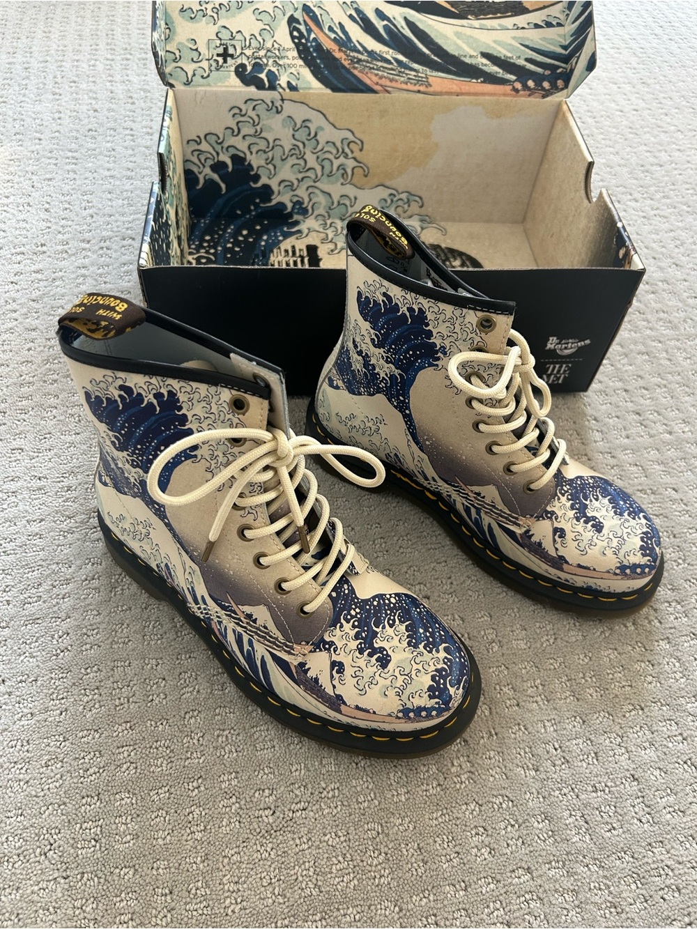 Dr. Martens Limited Edition “Hokusai” Ivory & Navy Great Wave Lace-Up Boots
